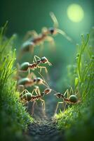 illustration of a red weaver ant animal on green grass, made by technology photo