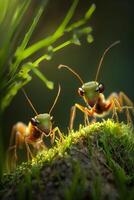 illustration of a red weaver ant animal on green grass, made by technology photo