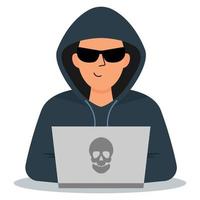 Hacker in a hood and black glasses with a laptop. Network hacking. Vector illustration.