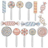 Set of candies, lollipop, sugar caramel in wrapper and twisted marshmallow on stick vector
