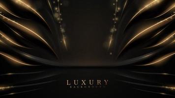 Black luxury background with golden line elements and light ray effect decoration and bokeh. vector
