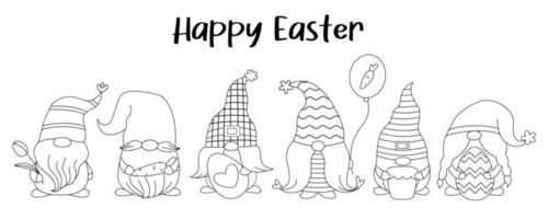 Set cute line gnomes with eggs, carrot, cake, baloon, tulip for Easter and spring. Happy Easter. Doodle cartoon style. Hand drawn outline Easter. Vector illustration for print.