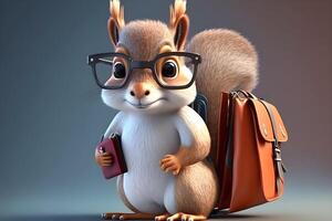 3d animation of a squirrel wearing a bag and wearing cute glasses made by technology photo