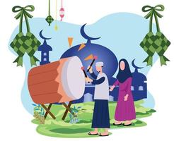 people welcome eid al fitr with a beduk ketupat and lantern vector