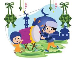 people welcome eid al fitr with a beduk ketupat and lantern vector