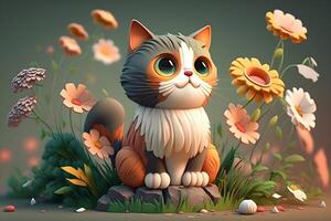 animated cat with flowers around created by teknology photo