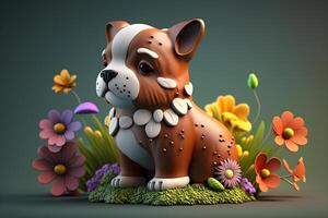 Animated 3d animal dog and flowers around it created by technology photo