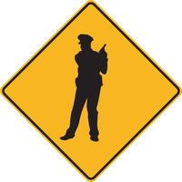 Isolated Sign traffic police officer holding a stop sign. area under police surveillance, Police car perspective front view. Flat vector illustration template.