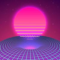 Warp space - Black Hole in neon colors by 80s. Background or cover for retrowave music style. Vector