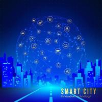 Silhouette of futuristic city on background of large cloud with smart city icons. Internet of things concept. Vector illustration