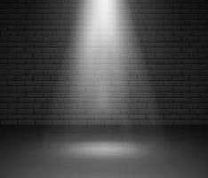 Stage illuminated by spotlight against brick wall. Empty Studio and Spot of Light. Vector illustration in black and white colors