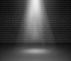 Stage illuminated by spotlight against brick wall. Empty Studio and Spot of Light. Vector illustration in black and white colors