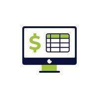 icon vector concept of computer with tables and dollars for investment finance banking and tax accounting software. Can used for social media, website, web, poster, mobile apps