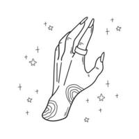 Mystical witch hand with ring and stars. Hand drawn magical doodle element for spiritual design. Vector illustration isolated on white.