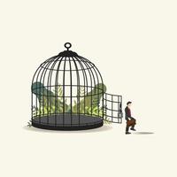 Businessman out from opened cage, get away from the stress work vector illustration