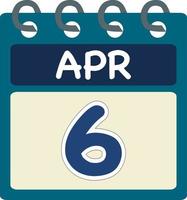 Flat icon calendar 6 of Apr. Date, day and month. Vector illustration . Blue teal green color banner. 6 Apr. 6th of Apr.