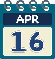 Flat icon calendar 16 of Apr. Date, day and month. Vector illustration . Blue teal green color banner. 16 Apr. 16th of Apr.