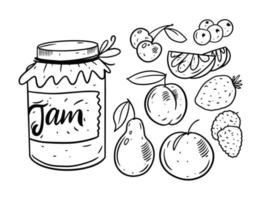 frutas mermelada en frasco. mano dibujo garabatear conjunto elementos. negro y blanco colores. vector