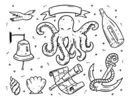 Doodle style sea elements set. Black ink cartoon vector illustration.