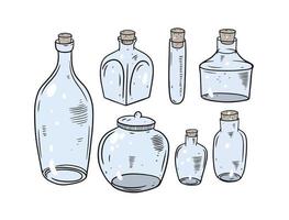 Colorful glasses jars collection. Engraving vector illustration.