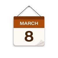 March 8, Calendar icon with shadow. Day, month. Meeting appointment time. Event schedule date. Flat vector illustration.