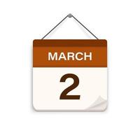 March 2, Calendar icon with shadow. Day, month. Meeting appointment time. Event schedule date. Flat vector illustration.