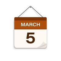 March 5, Calendar icon with shadow. Day, month. Meeting appointment time. Event schedule date. Flat vector illustration.