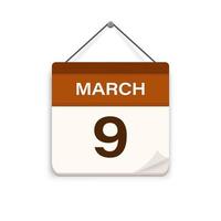 March 9, Calendar icon with shadow. Day, month. Meeting appointment time. Event schedule date. Flat vector illustration.