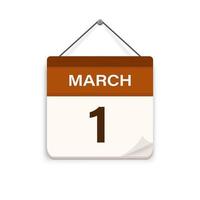 March 1, Calendar icon with shadow. Day, month. Meeting appointment time. Event schedule date. Flat vector illustration.