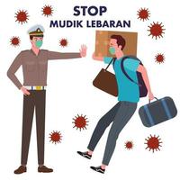 An Indonesian police forbade a man who wanted to return to their hometown or called Mudik in Indonesian in the middle of coronavirus pandemic. vector