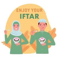 Muslim women wearing hijab and Muslim men are enjoying a dessert when breaking the fast or called iftar.  Iftar is the evening meal with which Muslims end their daily Ramadan fast at sunset. vector
