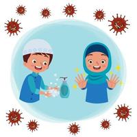 Illustration of a young Muslim boy washing his hand with a soap and water, and a young Muslim girl showing off her clean hand afterwards to avoid viruses. vector