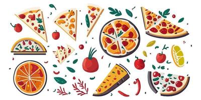 Italian Style Pizza with Fresh Tomato Sauce and Basil, Flat Vector Design