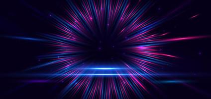 Abstract technology futuristic neon glowing blue and pink light lines with speed motion blur effect on dark blue background. vector