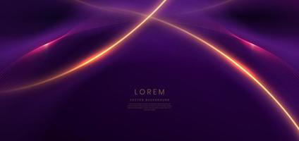 Luxury dark purple background with golden line curved and lighting effect. vector