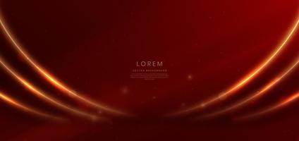 Abstract glowing gold curved lines on red background with lighting effect and sparkle with copy space for text. Luxury design style. vector