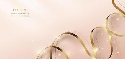 Luxury gold curved ribbon and curve line element with gold light effect sparkle on rose gold background. vector