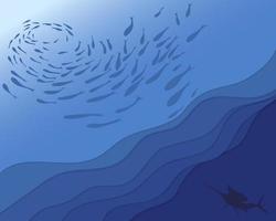 Underwater silhouette background. A flock of fish, the sun's rays under the water vector