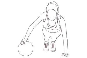 Woman doing push ups with ball hand drawn vector illustration