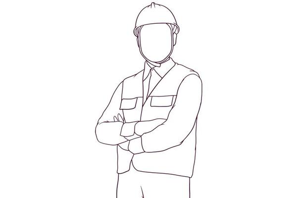 engineer standing with arms crossed hand drawn vector illustration