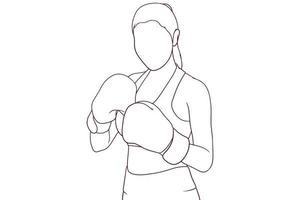 Athletic woman wearing boxing gloves hand drawn vector illustration