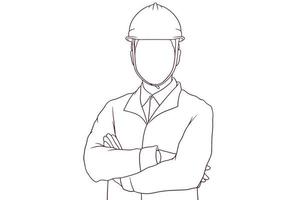 Smiling engineer standing with hard hat hand drawn vector illustration