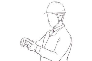 Engineer taking measurements hand drawn vector illustration