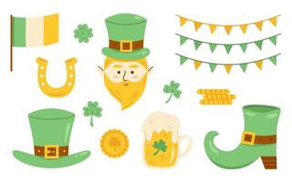 Vector St Patricks day set with clover, hat, beer, flags, boot, horseshoe and leprechaun. Collection for celebrating St Patricks day in flat design. Elements in green and yellow colors.