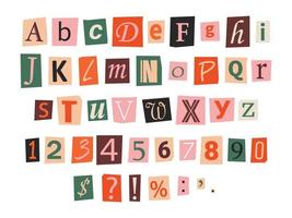 Vector ransom letters in y2k style. Letters, numbers and punctuation marks cut-outs from newspaper or magazine. Alphabet set. Retro ransom colorful text.