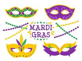 Vector Mardi Gras set with carnival masks and beads. Mardi Gras text. Design for fat tuesday carnival and festival.