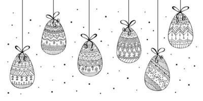 Hand drawn doodle hanging easter eggs. Vector easter eggs with bows. Outline. Easter zentangle.