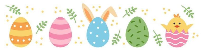 Vector cute easter set. Egg with ears and chicken in egg. Cute eggs.