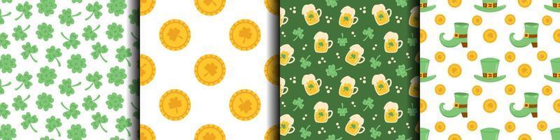 Vector St Patricks day set of seamless patterns in flat design. Collection of backgrounds with green hats, boots, beers, clovers and coins. Collection for celebrating St Patricks day.