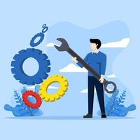 Technical service concept, mechanical repair, maintenance work, man holding wrench, screwdriver and gears. professional support, help or assistance. Modern flat vector illustration.